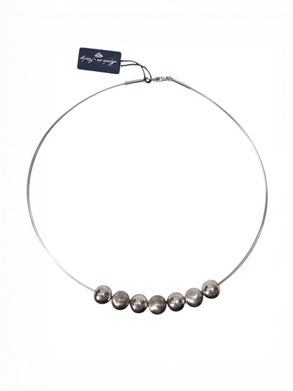 Trebor Style sterling silver collar necklace featuring polished and satin-finish orb beads on a double wire strand.