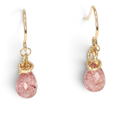 Trebor Style petite strawberry quartz drop earrings with faceted briolettes and gold-filled hooks.