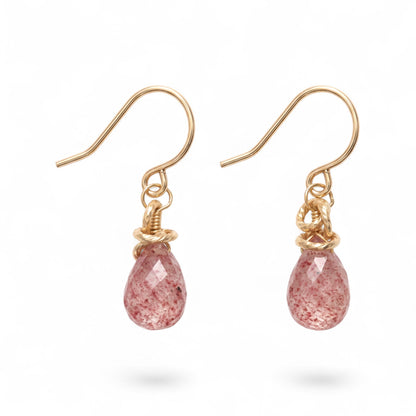 Trebor Style petite strawberry quartz briolette drop earrings with gold-filled hooks on a white background.