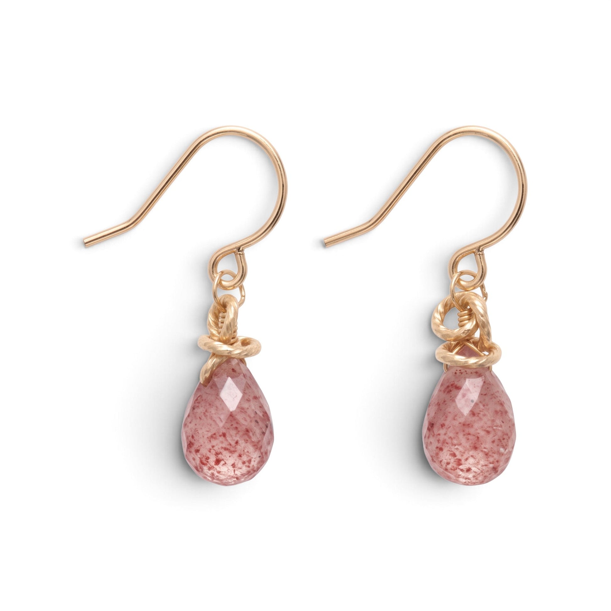 Trebor Style petite strawberry quartz drop earrings with faceted pink briolettes and gold-filled wire hooks.