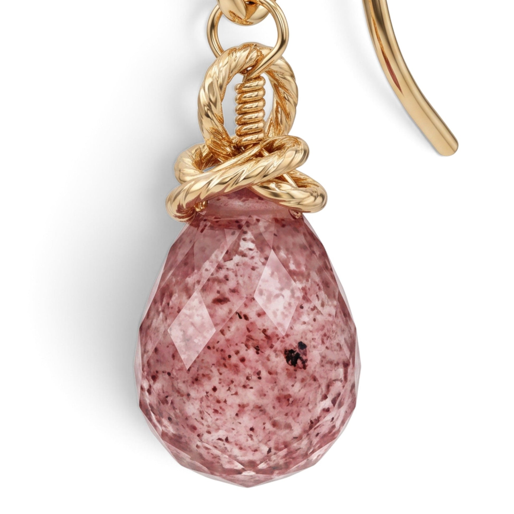 Trebor Style petite faceted strawberry quartz briolette drop earrings with gold-filled wire accents and hooks.