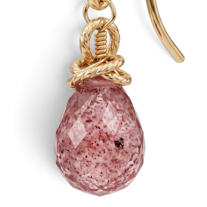 Trebor Style petite faceted strawberry quartz briolette drop earrings with gold-filled wire accents and hooks.