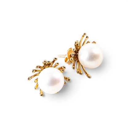 Trebor Style sunburst stud earrings featuring 8.5-9mm Japanese Akoya cultured pearls set in 14k yellow gold.