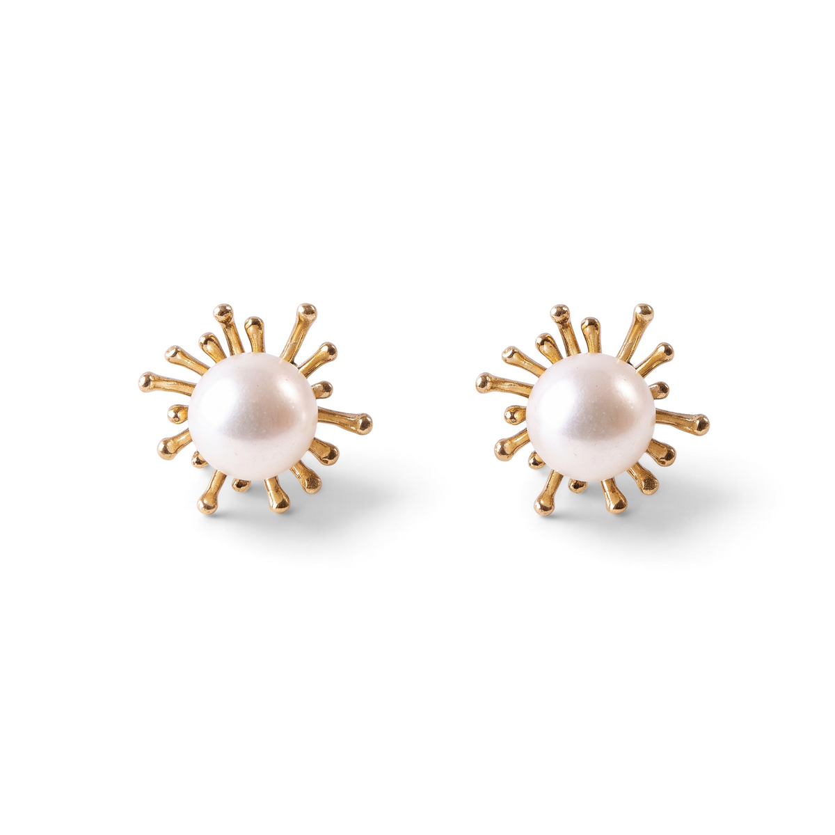 Trebor Style sunburst stud earrings featuring white Japanese Akoya cultured pearls set in 14k yellow gold