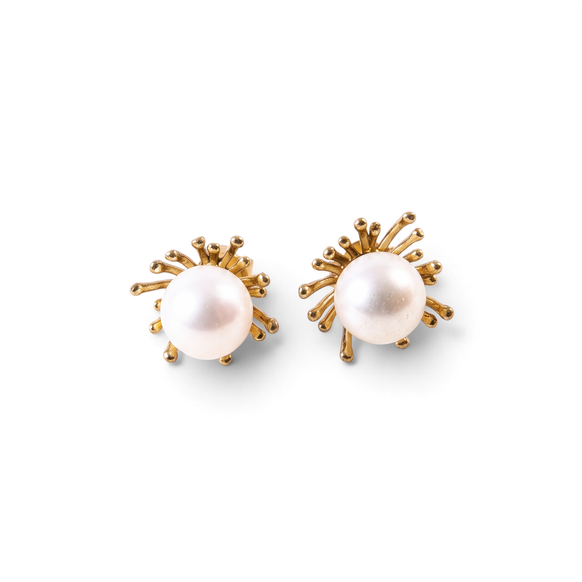 Trebor Style sunburst stud earrings featuring white Japanese Akoya cultured pearls set in 14k yellow gold.
