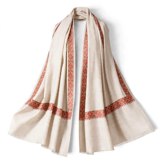Trebor Style light beige heather wool blend shawl with intricate peach, pink, and green hand-embroidered borders.
