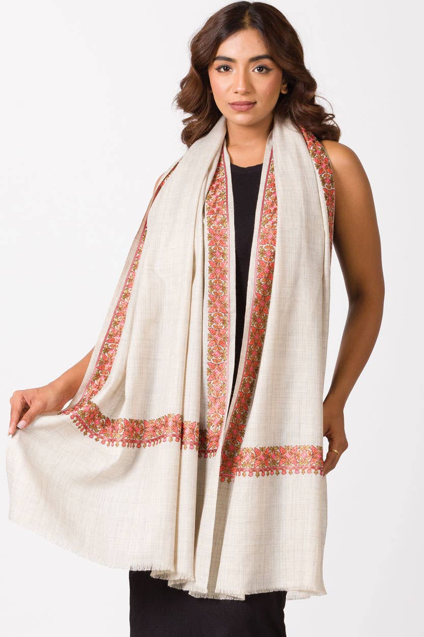 Trebor Style orchid wool blend shawl with intricate hand-embroidered floral border in peach, pink, and light green.