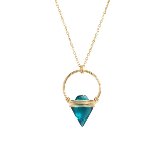 Trebor Style Albatross necklace featuring a teal quartz arrowhead caged in a 14k gold-filled hoop on an 18-inch chain