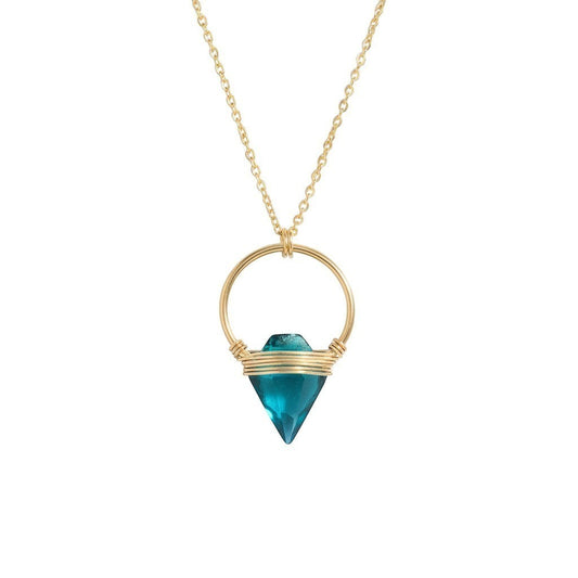 Trebor Style long necklace featuring a teal quartz arrowhead pendant in a 14k gold-filled wire cage on a 28-inch chain.