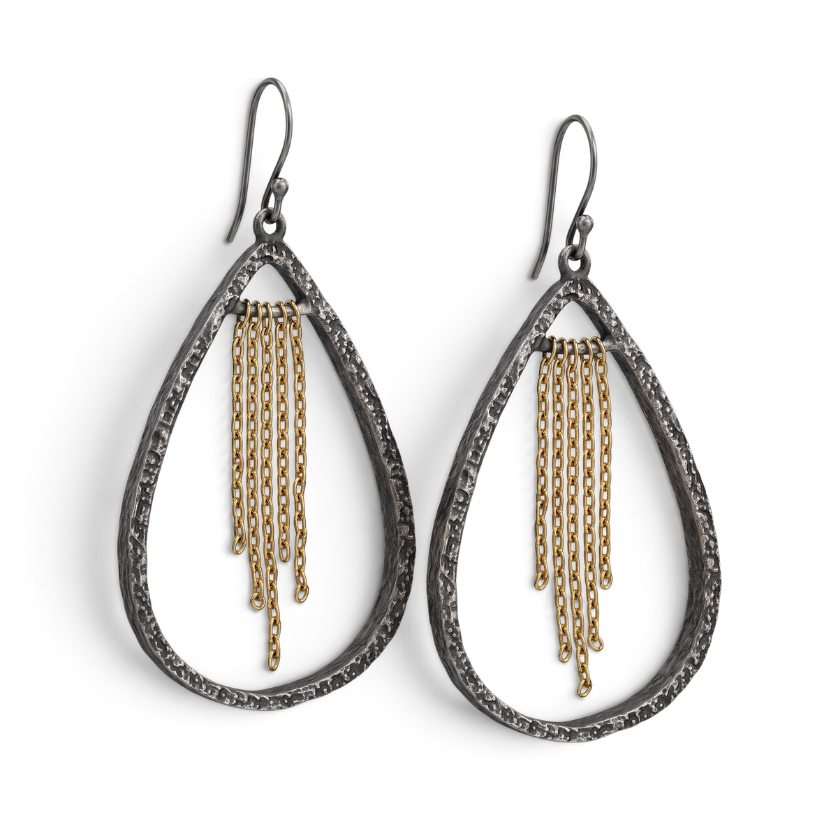 Trebor Style two-tone teardrop earrings in oxidized sterling silver with gold-plated chain fringe and hammered finish.