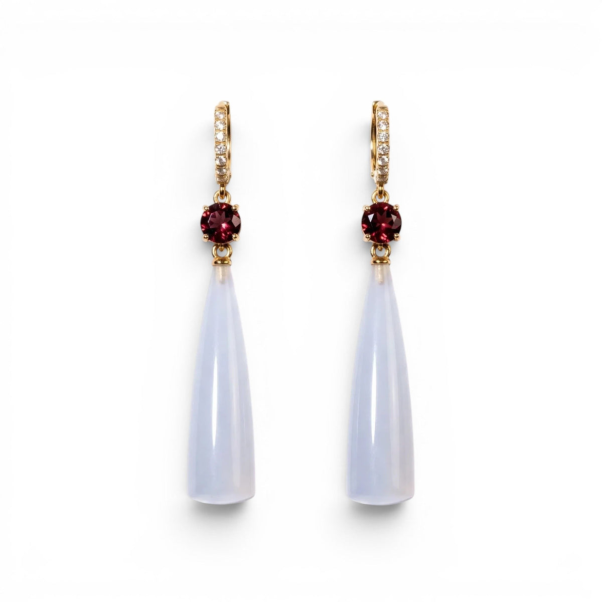 Trebor Style teardrop earrings featuring translucent blue chalcedony, deep red garnet accents, and gold-tone pavé crystals.