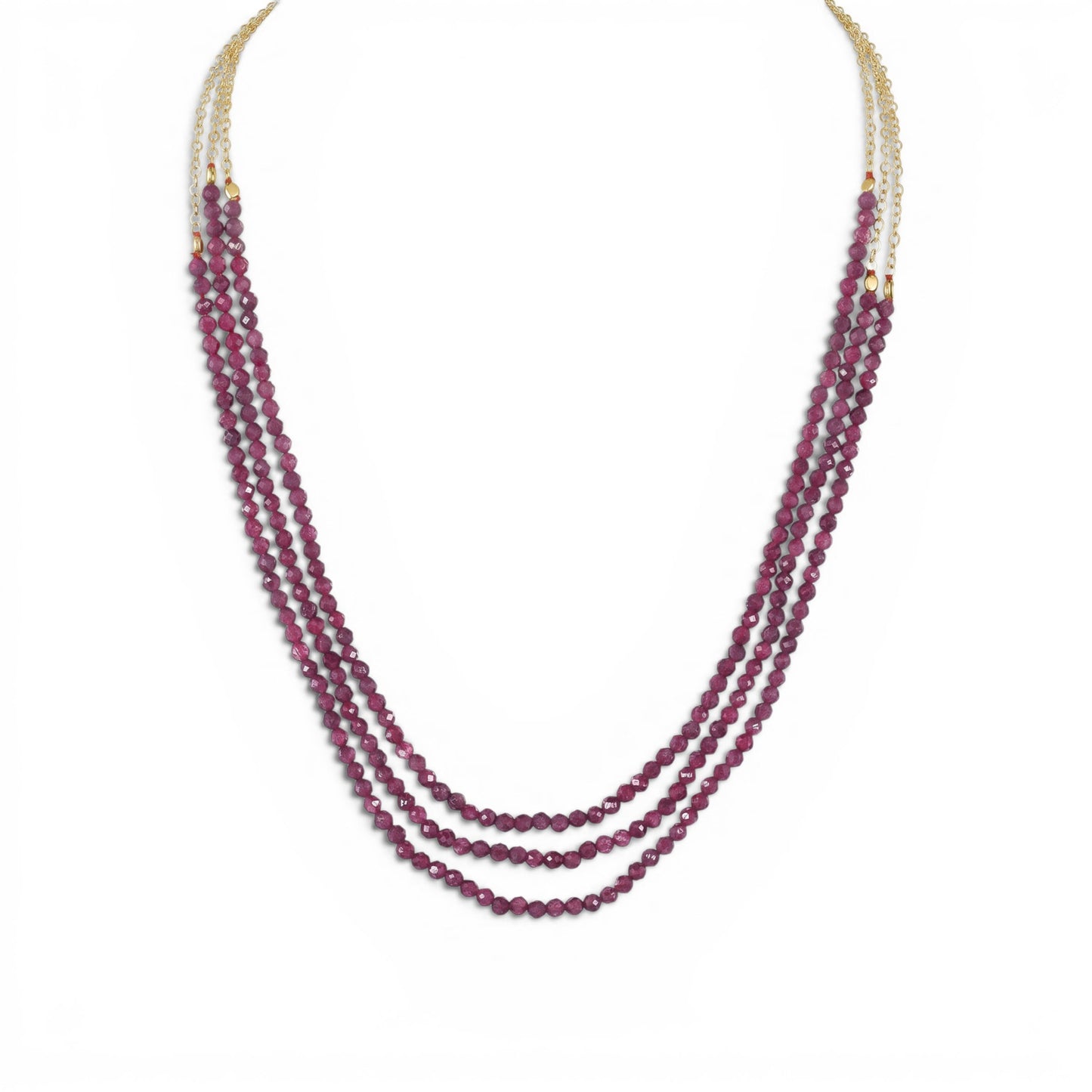 Trebor Style three-strand necklace featuring faceted ruby beads on a 14k gold-filled adjustable cable chain.