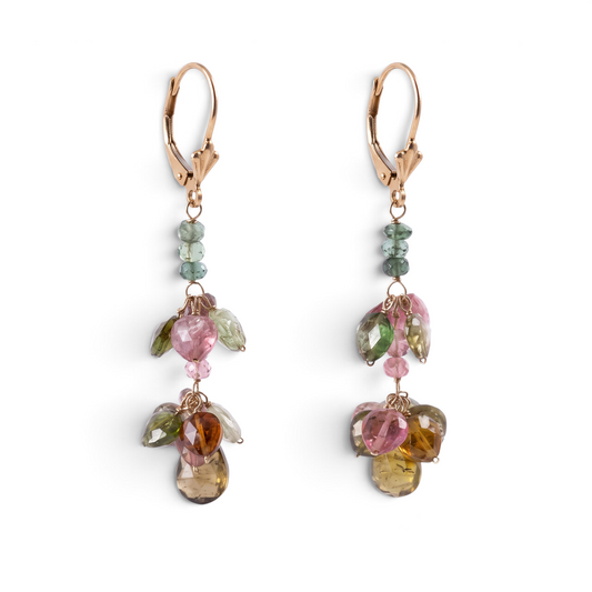 Trebor Style 14k yellow gold dangle earrings featuring multi-color pink and green tourmaline gemstone drops.