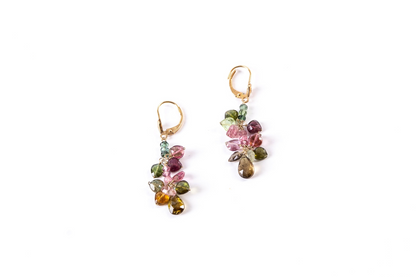 Trebor Style multi-color tourmaline dangle earrings in 14k yellow gold with pink and green faceted gemstone drops.
