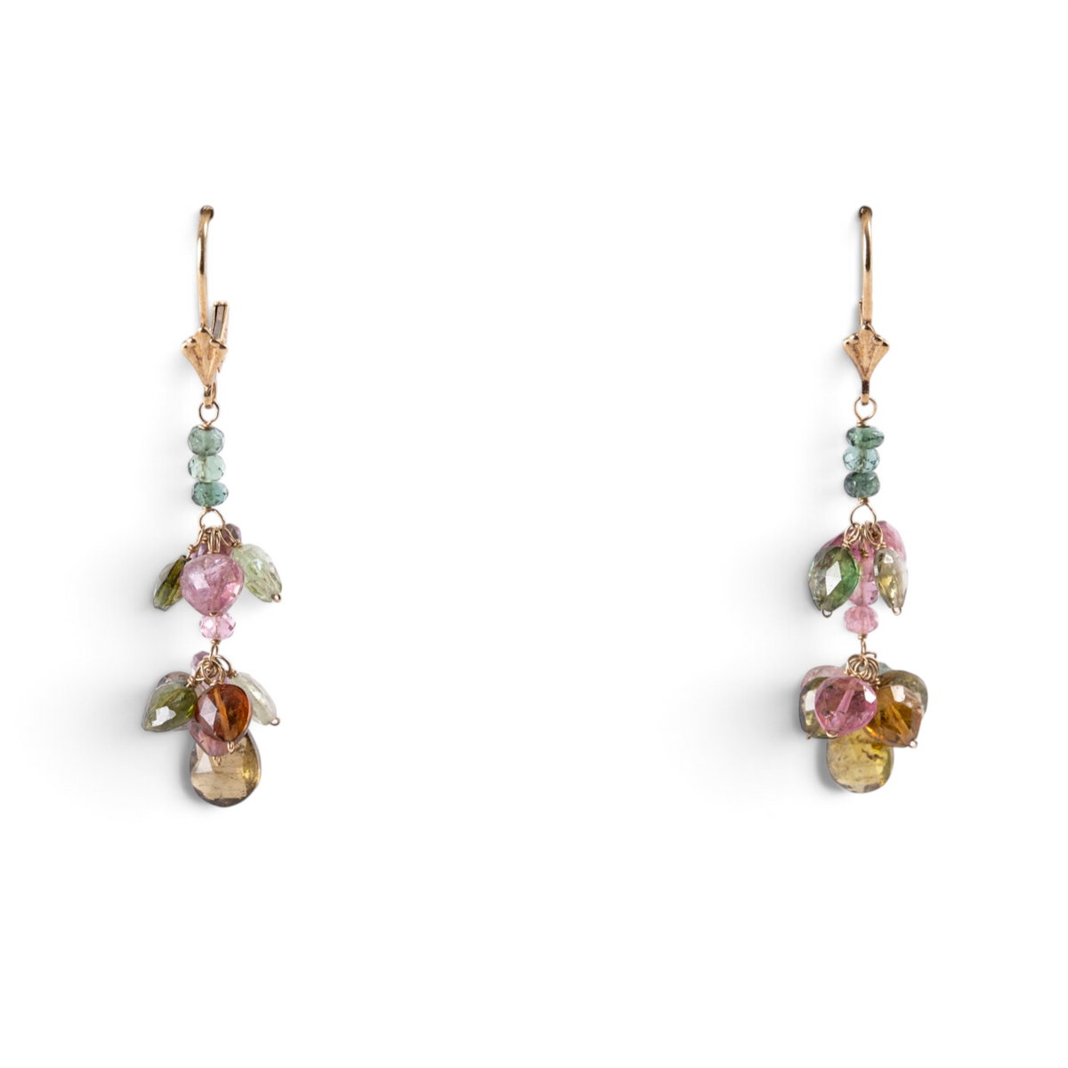 Trebor Style 14k yellow gold dangle earrings featuring multi-colored pink and green tourmaline gemstone drops.