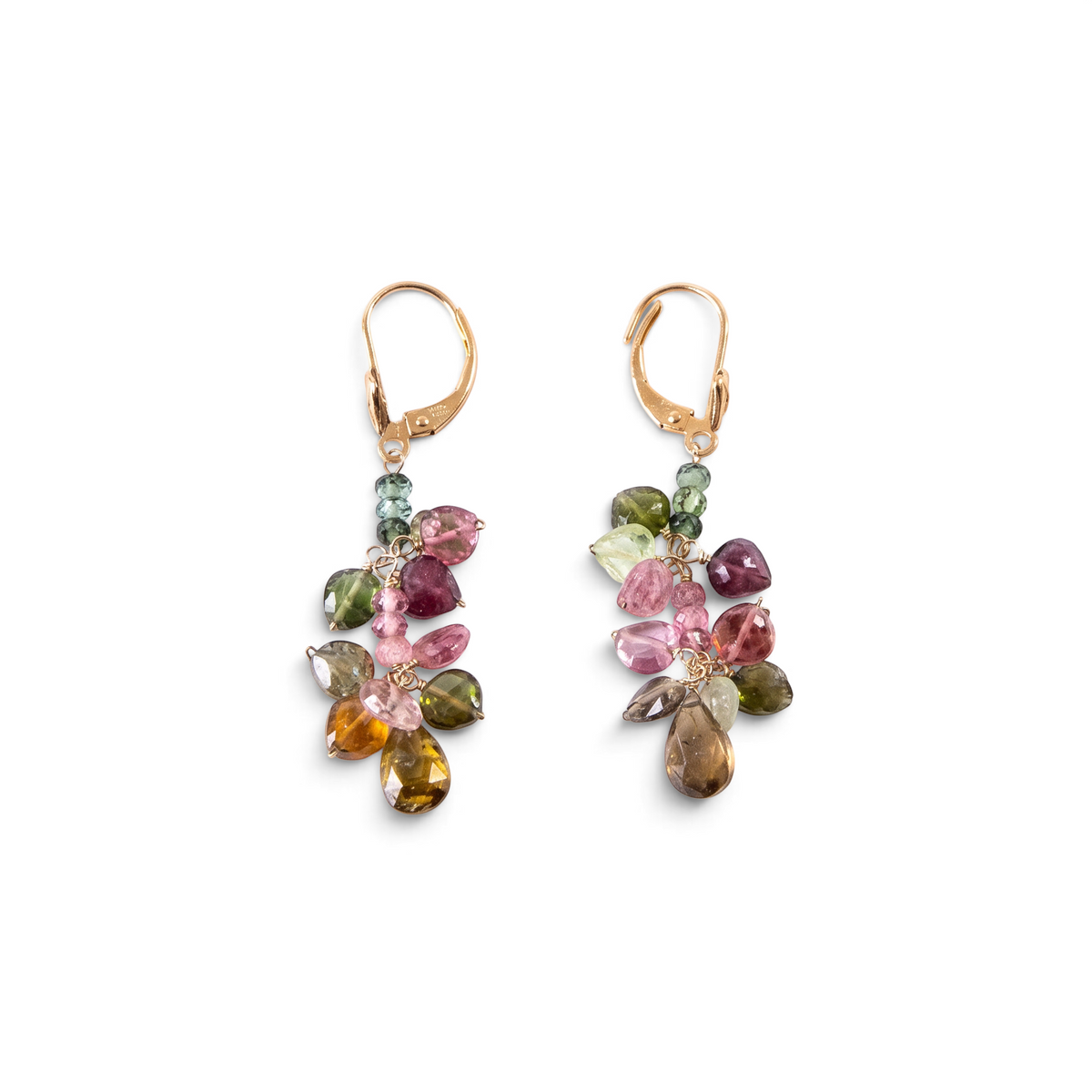Trebor Style 14k yellow gold dangle earrings featuring multi-colored pink and green tourmaline gemstone drops.