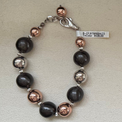 Trebor Style tri-color sterling silver bead bracelet with rhodium, oxidized, and rose gold plated finishes.