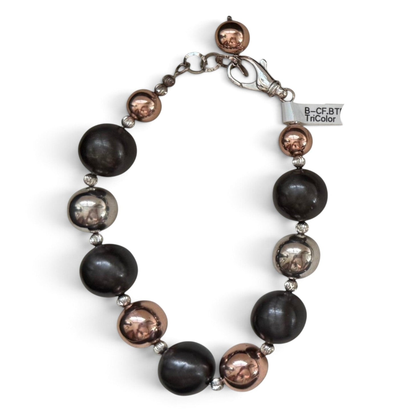 Trebor Style tri-color sterling silver bead bracelet with rhodium, oxidized, and rose gold plated finishes.