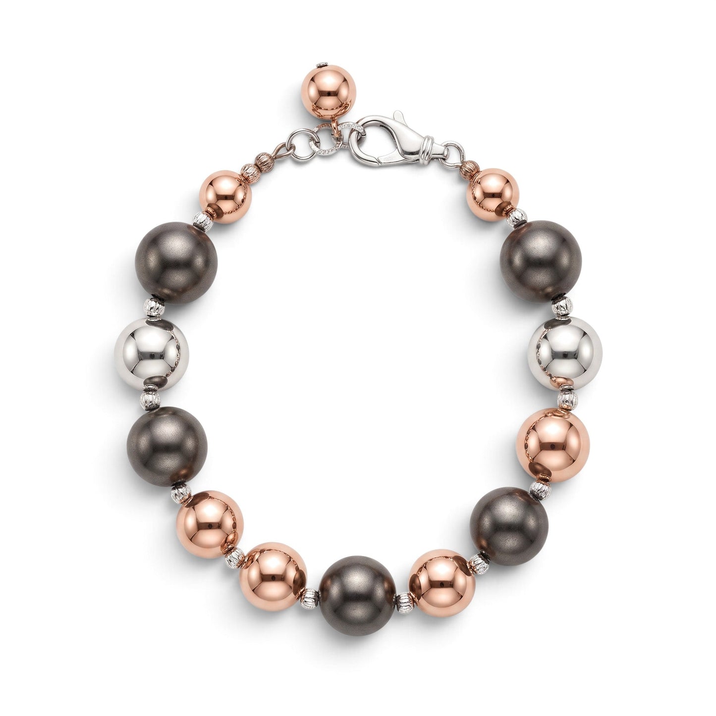 Trebor Style tri-color sterling silver bead bracelet with rhodium, oxidized, and rose gold plated finishes.