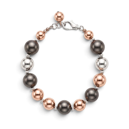 Trebor Style tri-color sterling silver bead bracelet with rhodium, oxidized, and rose gold plated finishes.