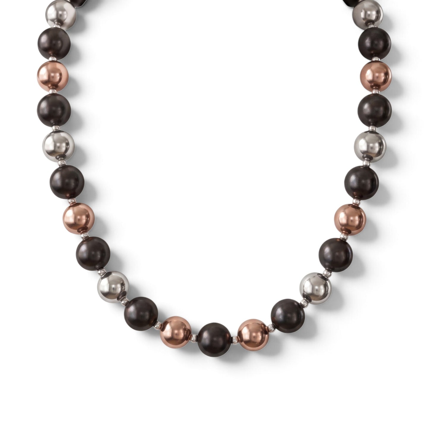 Trebor Style tri-color sterling silver bead necklace featuring rhodium, oxidized, and rose gold plated beads.