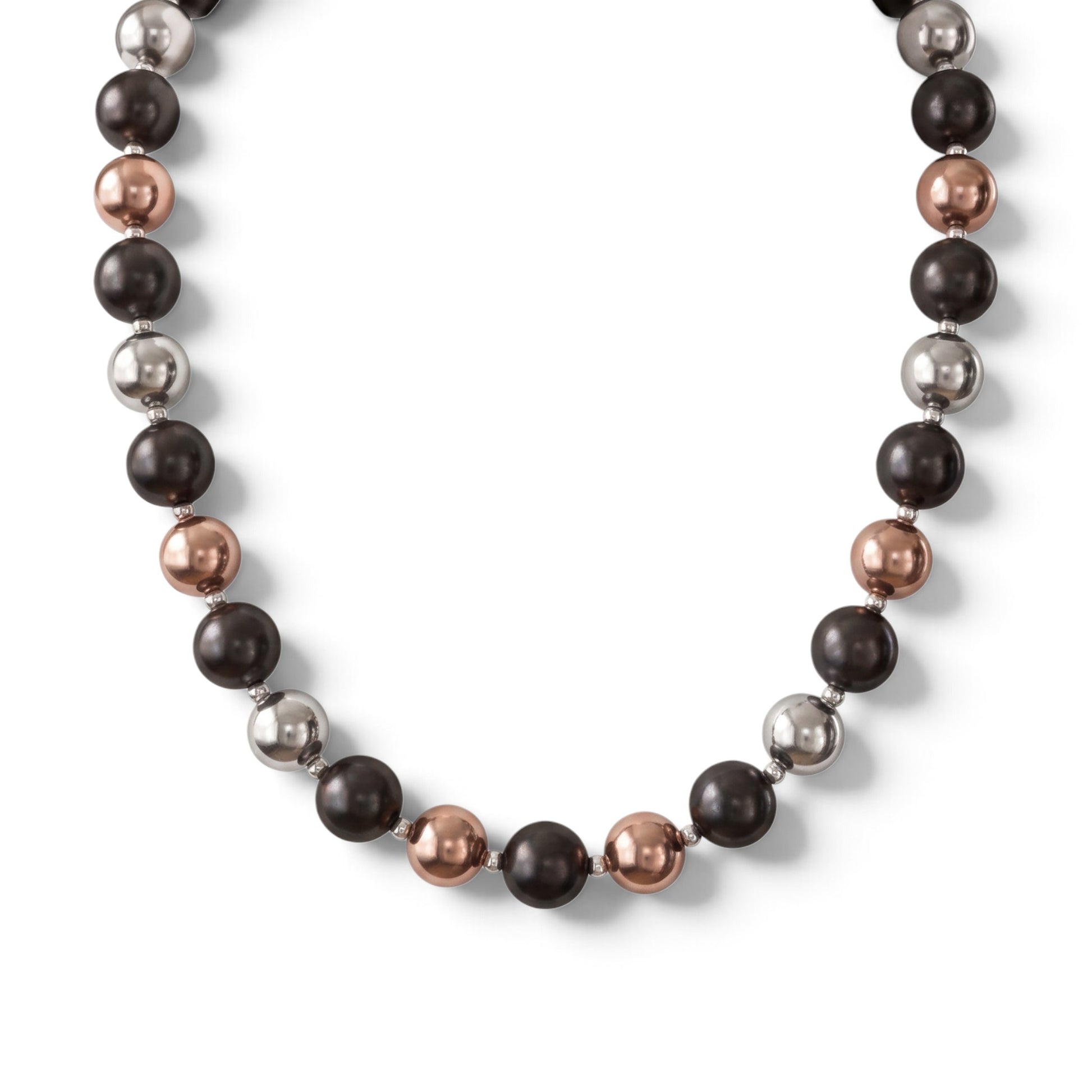 Trebor Style tri-color sterling silver bead necklace featuring rhodium, oxidized, and rose gold plated beads.