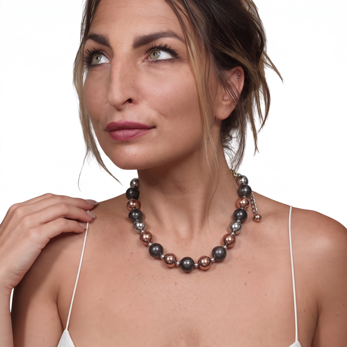 Trebor Style tri-color sterling silver bead necklace with rhodium, oxidized, and rose gold finishes on a model