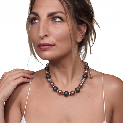 Trebor Style tri-color sterling silver bead necklace with rhodium, oxidized, and rose gold finishes on a model