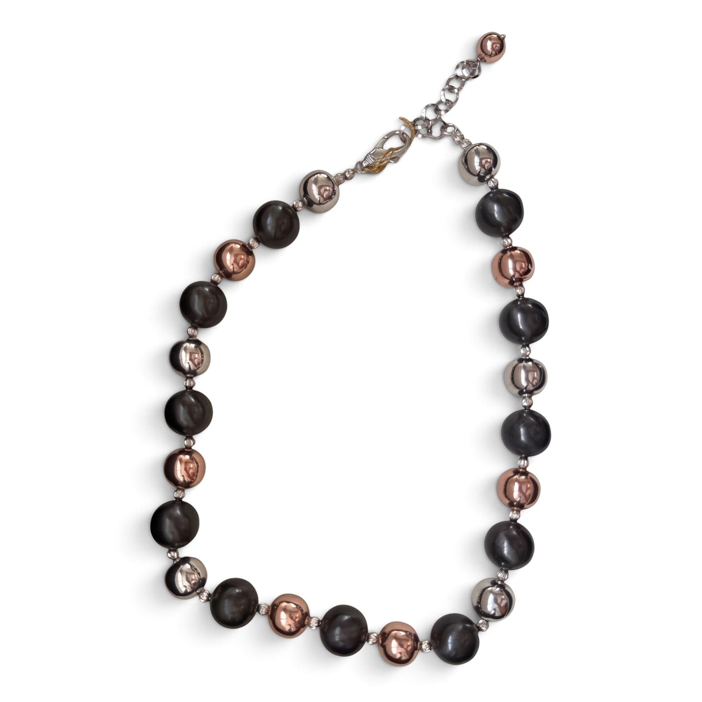 Trebor Style tri-color sterling silver bead necklace with rhodium, oxidized, and rose gold plated finishes.