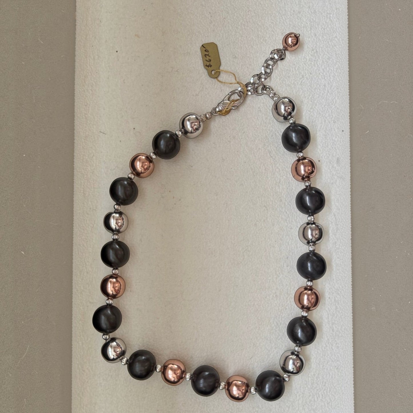 Trebor Style tri-color sterling silver bead necklace with rhodium, oxidized, and rose gold plated Italian beads.