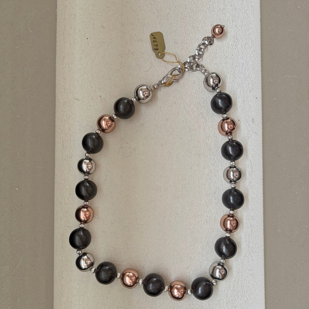 Trebor Style tri-color sterling silver bead necklace featuring rhodium, oxidized, and rose gold plated beads.