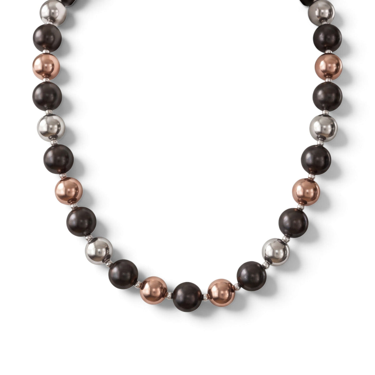 Trebor Style tri-color sterling silver bead necklace featuring rhodium, oxidized, and rose gold plated beads.