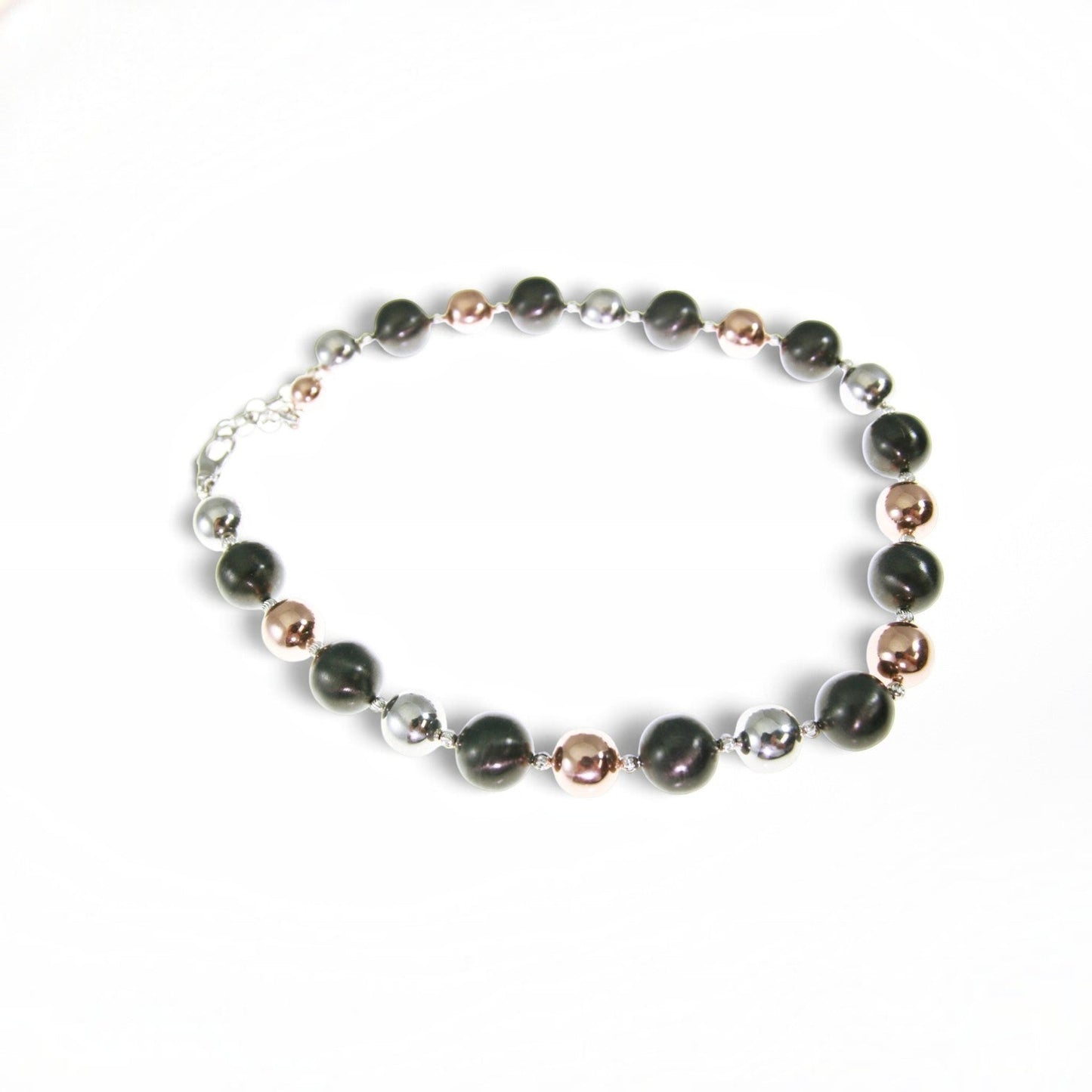 Trebor Style tri-color sterling silver bead necklace featuring rhodium, oxidized, and rose gold plated beads.