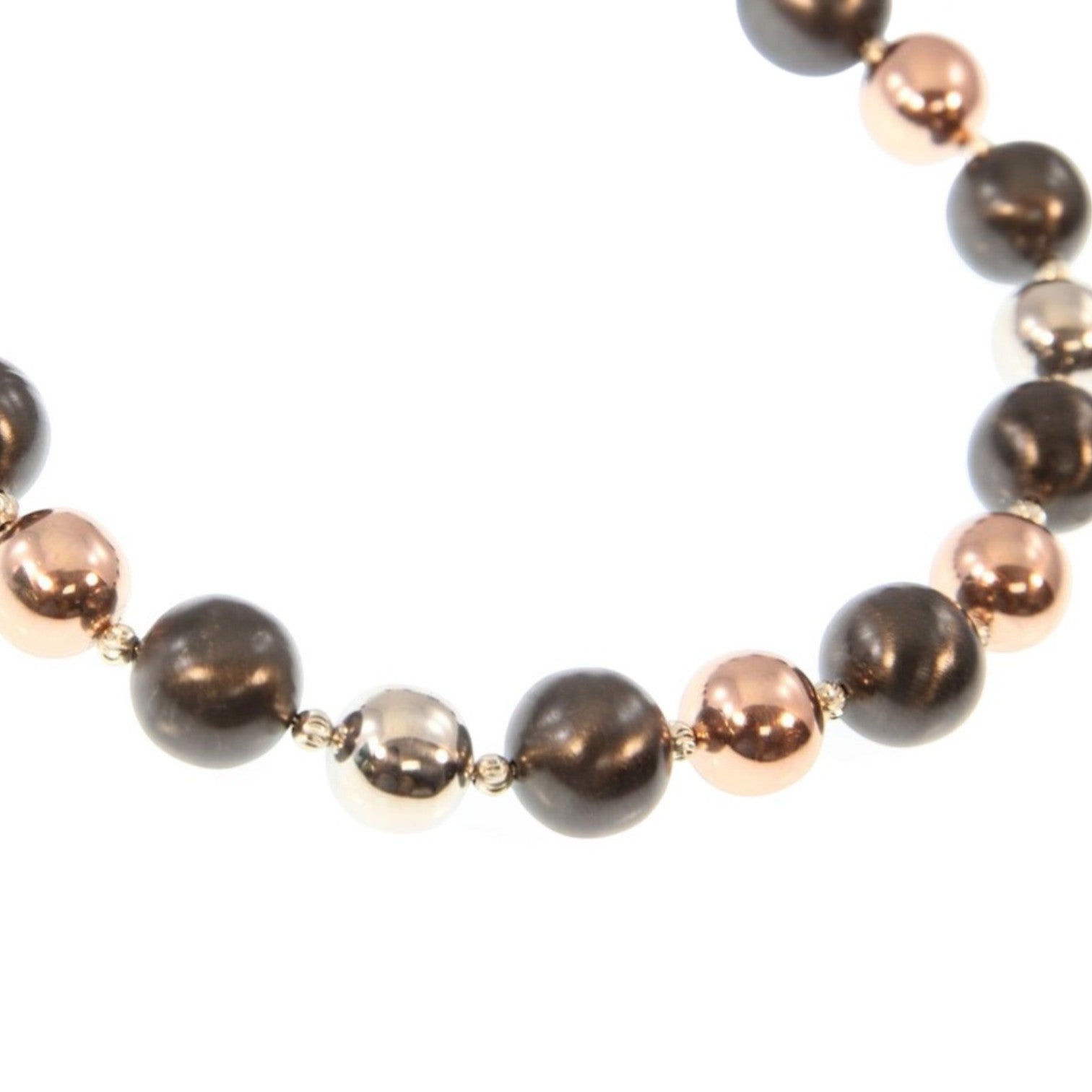 Trebor Style tri-color sterling silver bead necklace featuring rhodium, oxidized, and rose gold plated beads.