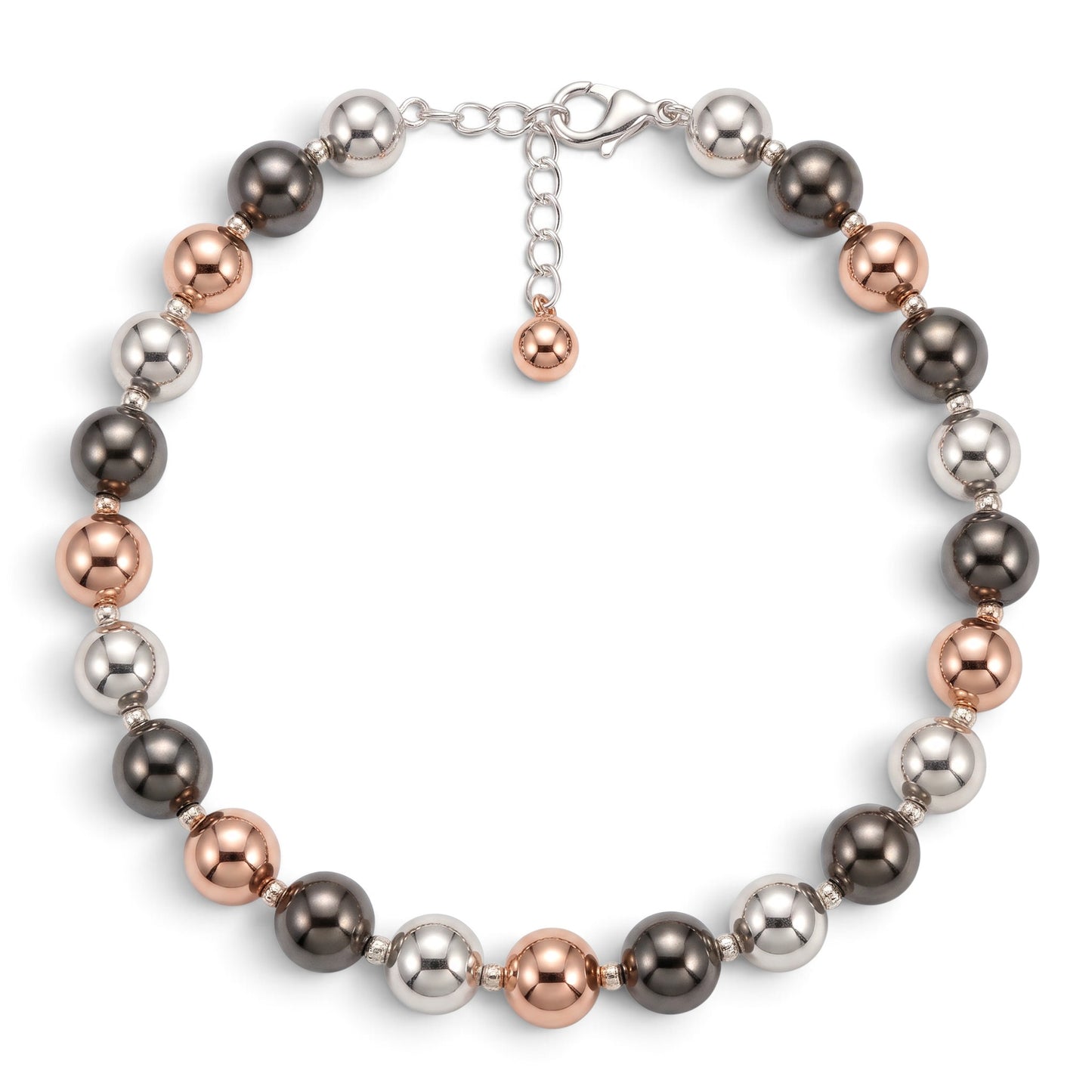 Trebor Style tri-color sterling silver bead necklace with rhodium, oxidized, and rose gold plated finishes.