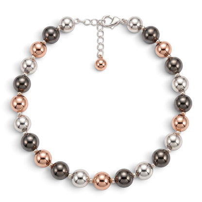 Trebor Style tri-color sterling silver bead necklace with rhodium, oxidized, and rose gold plated finishes.