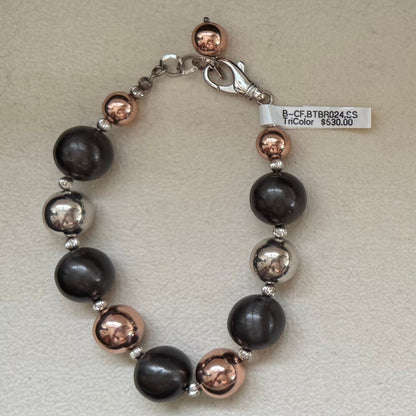 Trebor Style tri-color sterling silver bead bracelet with rhodium, oxidized, and rose gold plated beads.