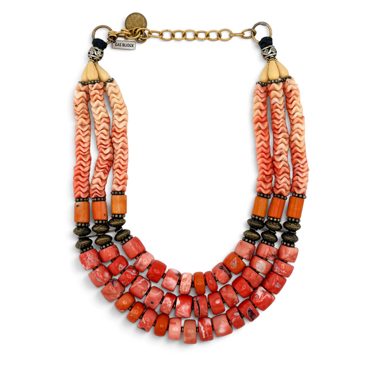 Trebor Style Masha Archer triple strand necklace with orange coral rondelles, pewter beads, and coin charm detail.