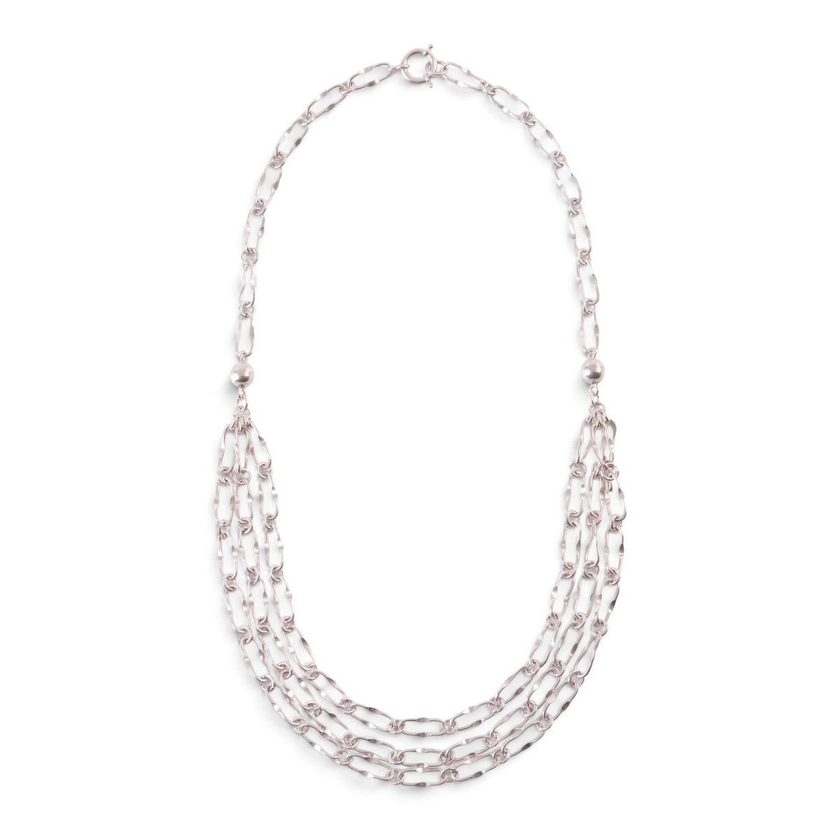 Trebor Style triple strand sterling silver necklace featuring oblong chain links and a polished spring ring clasp.