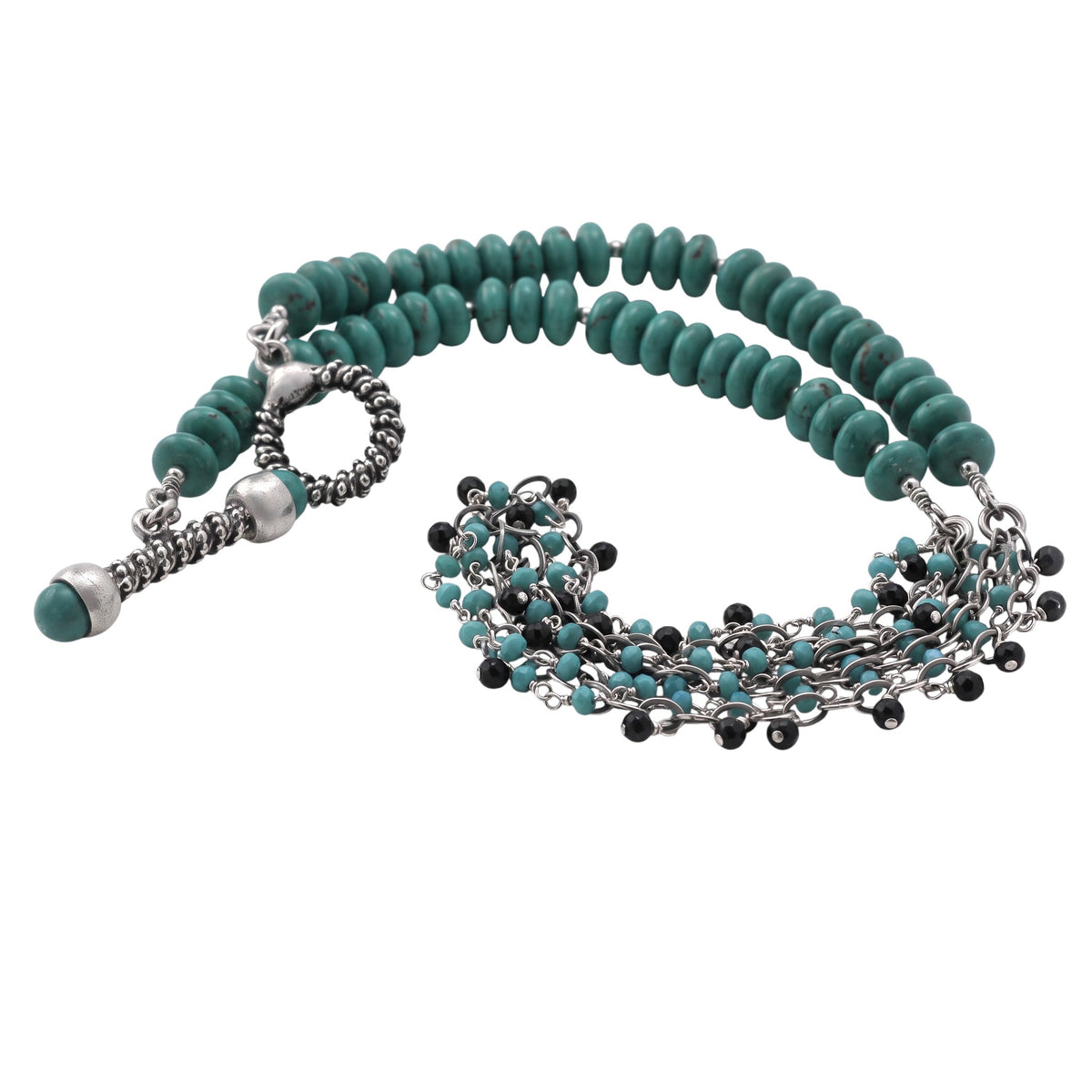 Trebor Style asymmetrical necklace featuring turquoise, amazonite, and spinel beads with sterling silver toggle clasp.