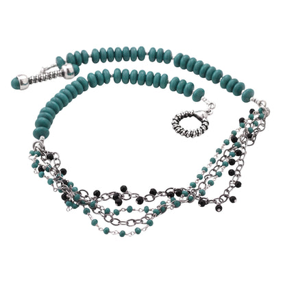 Trebor Style asymmetrical necklace featuring turquoise, amazonite, and spinel beads with sterling silver chains.