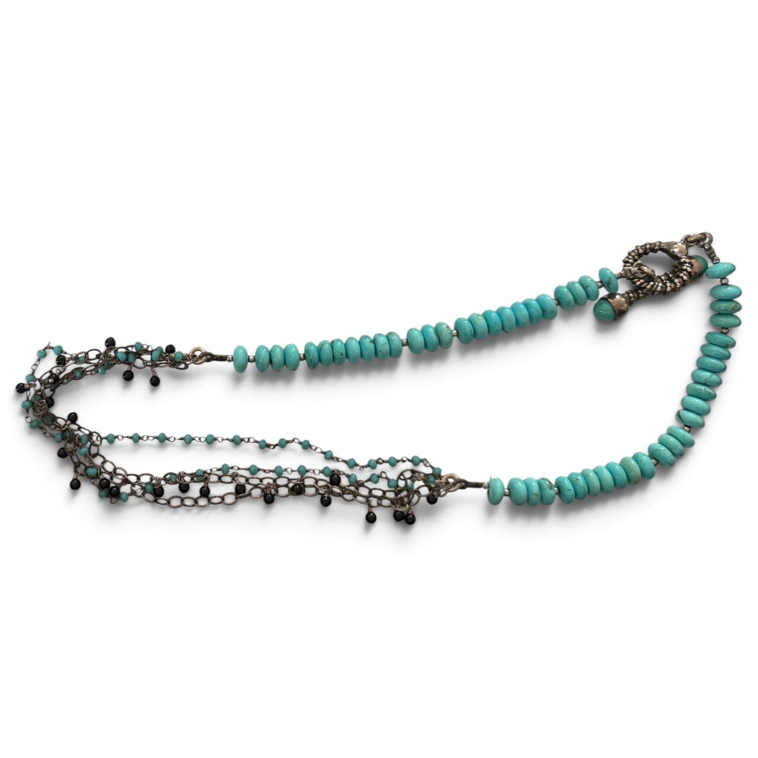 Trebor Style asymmetrical necklace featuring turquoise, amazonite, and spinel beads with sterling silver chain strands.