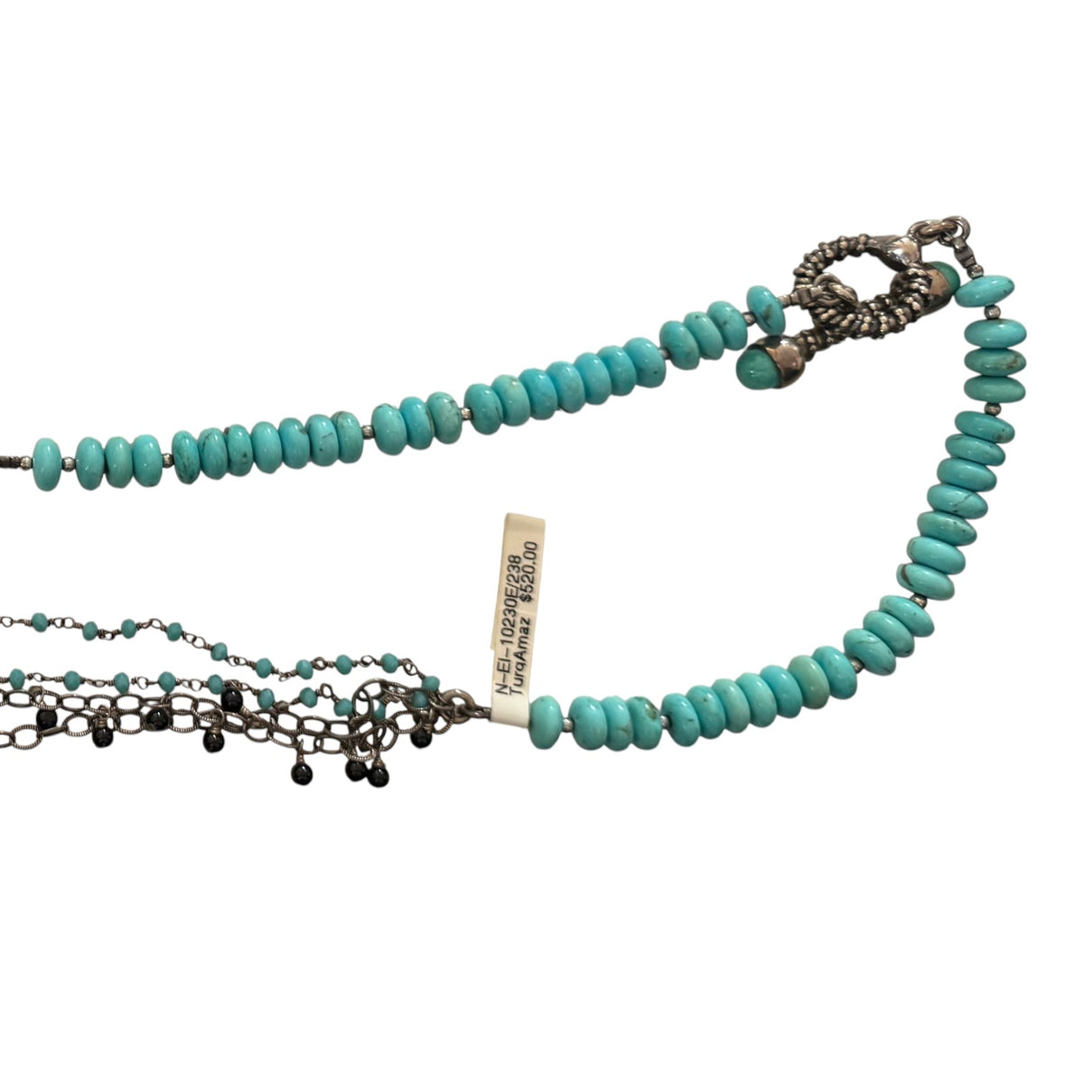Trebor Style asymmetrical necklace featuring turquoise beads, amazonite, spinel, and sterling silver toggle closure.