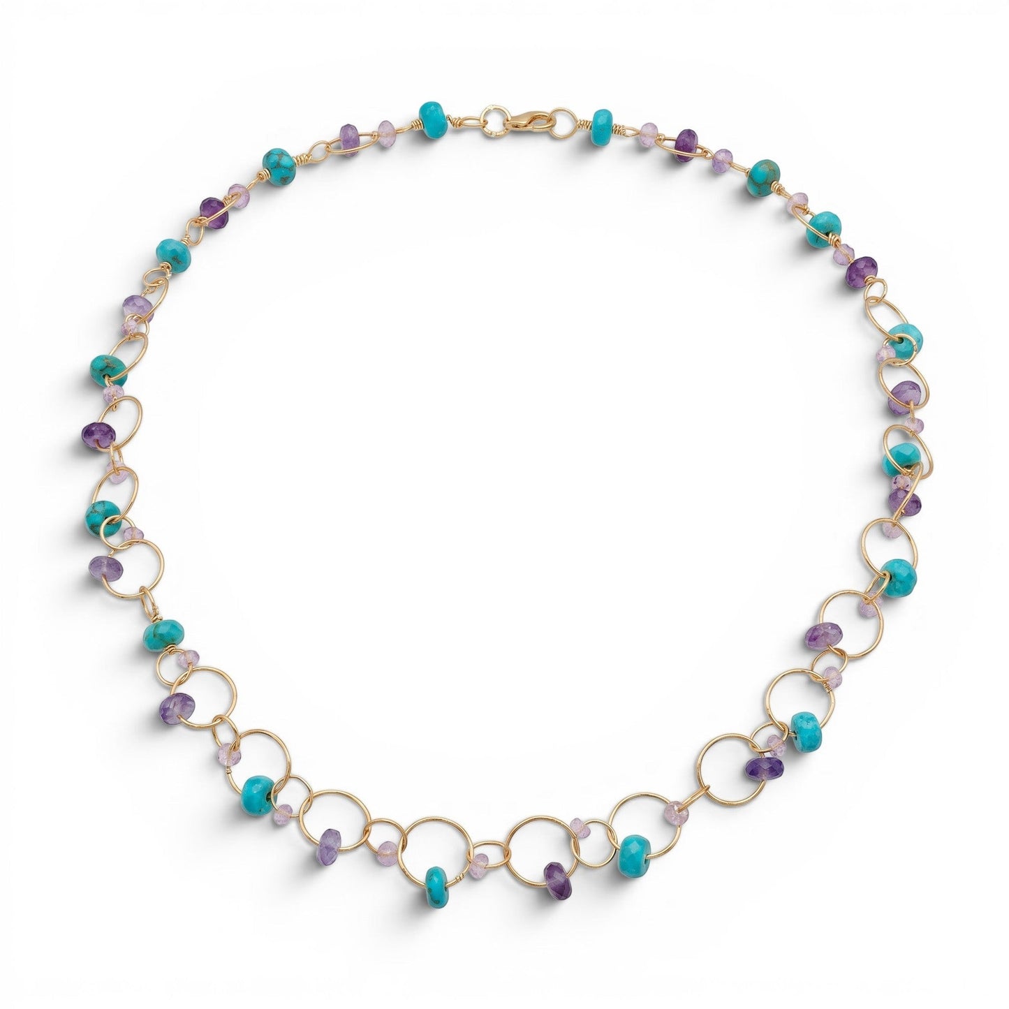 Trebor Style 14k gold-filled interlink necklace featuring turquoise, sapphire, and tanzanite beads on circular links.