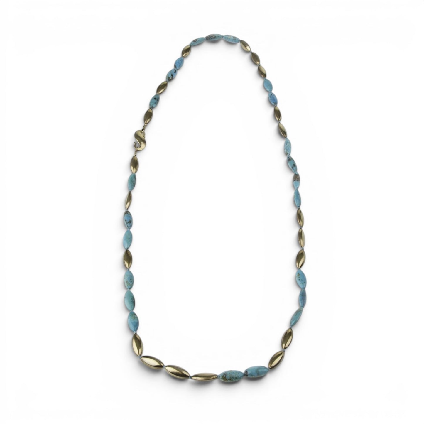 Trebor Style long turquoise gemstone necklace with brushed gold plated sterling beads and a hook closure.