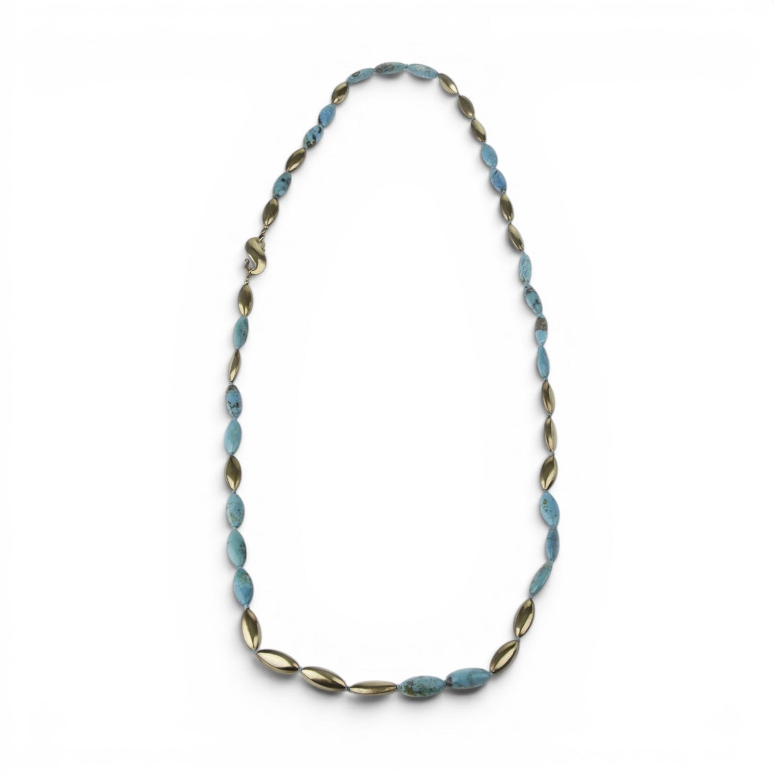 Trebor Style long turquoise gemstone necklace with brushed gold plated sterling beads and a hook closure.