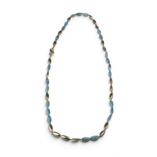 Trebor Style long turquoise gemstone necklace with brushed gold plated sterling beads and a hook closure.