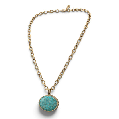 Trebor Style handcrafted long necklace featuring a genuine turquoise pendant on a silver-plated golden bronze chain.