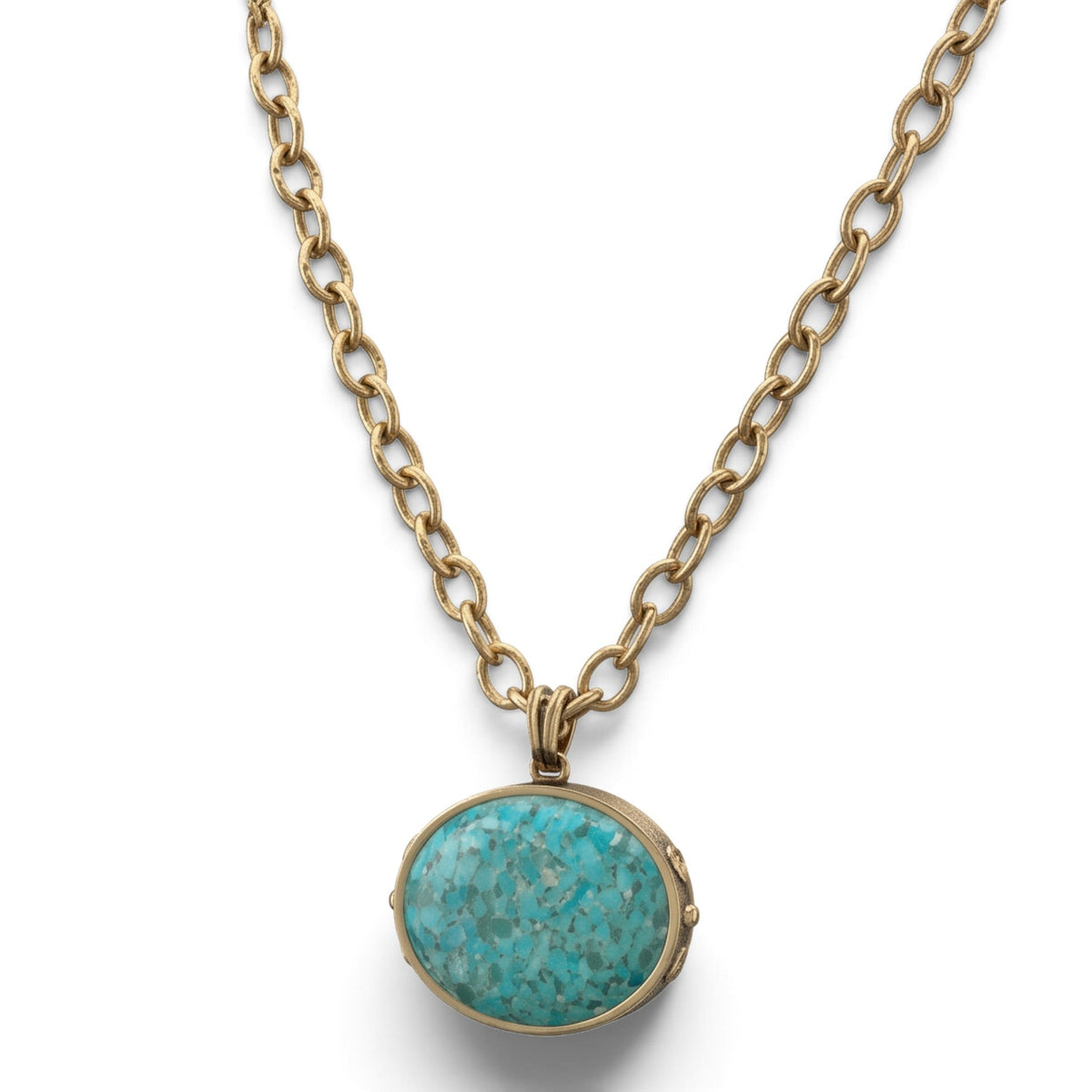 Trebor Style handcrafted necklace featuring a genuine blue turquoise pendant on a long golden bronze chain.