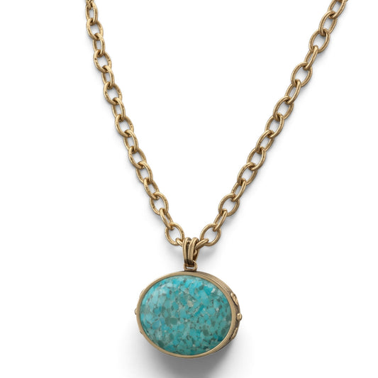 Trebor Style handcrafted necklace featuring a genuine blue turquoise pendant on a long golden bronze chain.